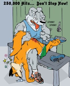 Rating: Questionable Score: 0 Tags: anthro butt butt_slap canid canine canis closet_coon colin_young countershading duo e621 english_text fox leafdubois male mammal on_lap over_knee reddened_butt rick_mooney slap spanking tail tail_grab text wolf User: bunchy7s