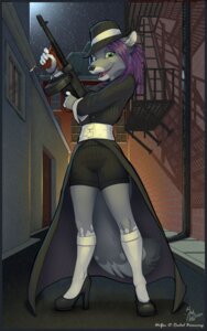 Rating: Safe Score: 0 Tags: 1920s_theme 2009 anthro biped bracelet bradydalton canid canine canis city clothed clothing detailed_background e621 fedora female footwear fully_clothed green_eyes grey_body gun hair hat headgear headwear hi_res high_heels holding_gun holding_object holding_ranged_weapon holding_weapon jewelry long_hair mammal night outside purple_hair ranged_weapon shoes sky solo star starry_sky submachine_gun tail thompson_gun weapon wolf User: bunchy7s