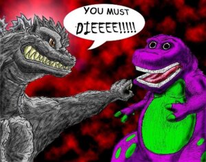 Rating: Safe Score: 0 Tags: 2011 ambiguous_gender barney_and_friends barney_the_dinosaur black_eyes brown_eyes cerberussel claws countershading dialogue digital_media_(artwork) dinosaur duo e621 english_text godzilla godzilla_(series) green_body green_countershading kaiju low_res open_mouth pbs prehistoric_species purple_body red_background reptile scalie shaded simple_background speech_bubble spines teeth text toho User: bunchy7s
