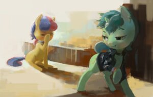 Rating: Safe Score: 0 Tags: 2013 amber_eyes bonbon_(mlp) clothing collar cutie_mark duo e621 ear_piercing earth_pony equid equine female feral friendship_is_magic fur green_body green_fur grey_body grey_fur hair hasbro horn horse jacket looking_back lyra_heartstrings_(mlp) mammal multicolored_hair my_little_pony mythological_creature mythological_equine mythology piercing pony raised_tail tail topwear two_tone_hair unicorn wob User: bunchy7s