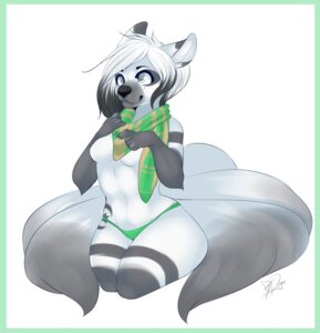 Rating: Safe Score: 0 Tags: anthro black_nose border breasts canid canine clothed clothing e621 female fox fur geekidog green_border hair hi_res mammal multi_tail scarf skimpy solo tail topless white_body white_fur white_hair User: bunchy7s