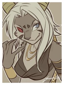 Rating: Safe Score: 0 Tags: 2012 anthro blue_eyes border breasts canid canine e621 female hair half-length_portrait horn jewelry long_hair looking_at_viewer mammal necklace portrait solidasp solo white_border white_hair User: bunchy7s