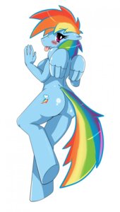 Rating: Questionable Score: 0 Tags: 2011 anthro anthrofied biped blue_body blue_feathers blush butt digital_media_(artwork) e621 equid equine feathered_wings feathers female friendship_is_magic hair hasbro hi_res looking_at_viewer looking_back mammal multicolored_hair multicolored_tail my_little_pony mythological_creature mythological_equine mythology pegasus pink_eyes rainbow_dash_(mlp) rainbow_hair rainbow_tail simple_background solo sssonic2 standing tail tongue white_background wings User: bunchy7s