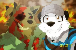 Rating: Safe Score: 0 Tags: anthro bear canid canine clothing duo e621 fire giant_panda hat headgear headwear hi_res looking_at_viewer male mammal super-tuler tairu undead zombie User: bunchy7s