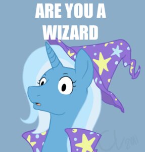Rating: Safe Score: 0 Tags: cartoonlion clothing e621 english_text equid equine female feral friendship_is_magic hasbro hat headgear headwear horn image_macro impact_(font) low_res mammal meme my_little_pony mythological_creature mythological_equine mythology reaction_image simple_background solo text toony trixie_(mlp) unicorn User: bunchy7s