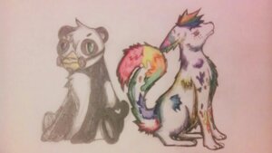 Rating: Safe Score: 0 Tags: 16:9 ambiguous_gender bear canid canine canis digitigrade duo e621 feral gas_mask giant_panda mammal mask p-bear paint quadruped rainbow renae simple_background tail unknown_artist widescreen wolf User: bunchy7s