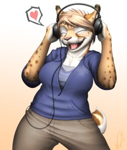 Rating: Safe Score: 0 Tags: abstract_background anthro big_breasts biped blonde_hair bottomwear breasts cleavage clothed clothing dancing e621 electronics eyebrows eyelashes eyes_closed felid feline female grin hair happy headphones heart_symbol hoodie laugh listening listening_to_music lynx mammal music music_player open_mouth pants pink_hair pink_nose shirt signature simple_background slightly_chubby smile solo spots standing teeth tongue topwear vader-san whiskers User: bunchy7s
