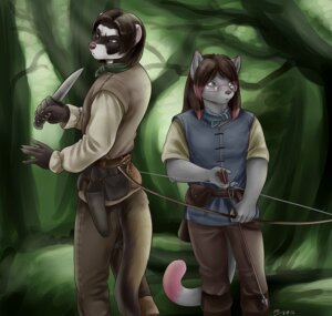Rating: Safe Score: 0 Tags: 2012 5_fingers anthro archer arrow_(weapon) belt belt_pouch black_hair boots bottomwear bow_(weapon) brown_hair claws clothed clothing conditional_dnp day detailed_background digital_media_(artwork) dipstick_tail domestic_cat domestic_ferret duo e621 european_polecat eyewear facial_markings felid feline felis fingers footwear forest fully_clothed fur glasses grey_body grey_fur hair head_markings holding_object holding_weapon holster humanoid_hands hunting jarreth_(moodyferret) knife looking_aside male mammal markings mask_(marking) meru_sekeru moodyferret multicolored_hair multicolored_tail mustelid musteline nature outside pants pink_body pink_fur pink_hair plant ranged_weapon shaded shirt shoes short_hair standing tail tail_markings topwear tree true_musteline tunic weapon weasel white_body white_fur wood User: bunchy7s