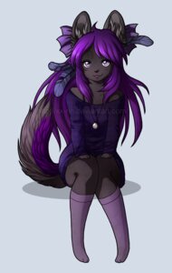 Rating: Questionable Score: 0 Tags: anthro canid canine clothing e621 feathers female footwear hair legwear mammal purple_hair ribbons socks solo tail vampirexpenguin User: bunchy7s