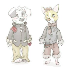 Rating: Safe Score: 0 Tags: 4_fingers 4_toes anthro barefoot bottomwear canid canine canis clothed clothing colonel_strawberry colonel_strawberry_(character) domestic_dog duo e621 feet fingers front_view fully_clothed fur guide_lines jacket looking_at_viewer male mammal pants patch_(fabric) scarf simple_background smile standing toes toony topwear white_background white_body white_fur yellow_body yellow_fur zipper User: bunchy7s