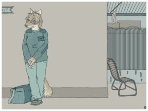 Rating: Safe Score: 0 Tags: 2007 anthro black_eyes border canid canine canis detailed_background domestic_dog e621 eyewear female glasses grey_hair hair mammal moult_(artist) platform solo tail train_station waiting white_border User: bunchy7s