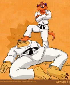 Rating: Explicit Score: 0 Tags: 2011 3_toes anthro belt biceps big_muscles bulge chance_furlong chest_tuft claws clothed clothing copyright_symbol crossed_arms detailed_bulge digitigrade domestic_cat duo e621 feet felid feline felis fur genital_outline hanna-barbera jake_clawson karate looking_down lying male mammal muscular muscular_male on_back orange_body orange_fur pecs penis_outline rthur simple_background spread_legs spreading standing swat_kats symbol text toes tuft url User: bunchy7s