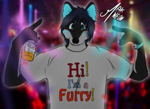 Rating: Safe Score: 0 Tags: abstract_background anthro beverage black_body black_fur blue_body blue_eyes blue_fur bottle canid canine canis clock clothing container e621 english_text felix.h food fur holding_bottle holding_container holding_object looking_at_viewer male mammal rave shirt simple_background solo t-shirt text topwear watch wolf User: bunchy7s