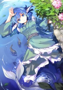 Rating: Safe Score: 0 Tags: aquatic asian_clothing blue_eyes blue_hair breasts clothing curly_hair e621 east_asian_clothing female fin fish flower hair hasebe_yuusaku head_fin hi_res japanese_clothing looking_at_viewer merfolk monster_girl_(genre) non-mammal_breasts plant rock solo split_form touhou wakasagihime User: bunchy7s