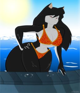 Rating: Questionable Score: 0 Tags: anthro big_breasts bikini black_body black_fur black_hair breasts clothed clothing e621 felid female fur hair hi_res humanoid_hands krillos lynn_nekomata mammal pink_nose poolside pose red_eyes seductive skimpy smile solo species_request sun swimming_pool swimwear tail tight_clothing two-piece_swimsuit water wet wide_hips User: bunchy7s
