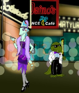 Rating: Safe Score: 0 Tags: anthro bubba-trex bugsy clothed clothing dinosaur duo e621 english_text female holding_object male myrna outside prehistoric_species reptile scalie tail text the_adventures_of_t-rex unknown_artist User: bunchy7s