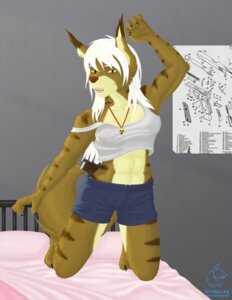 Rating: Questionable Score: 0 Tags: anthro bed canid canine e621 felid female furniture kimber kitwulfen mammal solo tail weapon User: bunchy7s