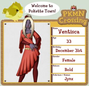 Rating: Safe Score: 0 Tags: animal_crossing blonde_hair breasts cleavage clothed clothing crossover dress e621 english_text female generation_1_pokemon hair hair_bun humanoid jynx kearra lips lipstick makeup nintendo not_furry pokemon pokemon_(species) purple_body purple_skin red_lipstick solo text yellow_eyes User: bunchy7s