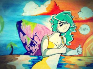 Rating: Safe Score: 0 Tags: anthro aquatic beach blue_hair blush clothing e621 english_text eyewear female fish hair hi_res outside rubyblu seaside shark shirt solo sunglasses sunset tank_top text topwear traditional_media_(artwork) yalen-the-untaggable User: bunchy7s