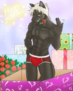 Rating: Questionable Score: 0 Tags: 2012 4:5 5_fingers abs anthro biceps biped black_body black_fur black_nose boxer_briefs bulge canid canine canis chest_tuft claws clothed clothing domestic_dog e621 fangs fingers flower front_view fur gift grin hair hi_res looking_at_viewer male mammal muscular muscular_anthro muscular_male nipples pecs pink_nipples plant plussun pose rose_(flower) short_hair smile solo standing teeth topless tuft underwear white_hair yellow_eyes User: bunchy7s