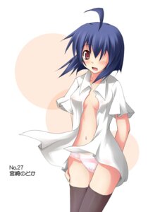 Rating: Questionable Score: 0 Tags: 1girls ahoge arms_behind_back black_legwear blue_hair blush bottomless breasts cameltoe clothing female hair_over_one_eye hand_on_thigh lace-trimmed_panties lace_panties mahou_sensei_negima! miyazaki_nodoka navel nearly_naked_shirt nightshirt no_bra open_clothes open_mouth open_shirt panties pink_panties pussy red_eyes rule34 shirt six_alchemy small_breasts smile solo standing stockings striped striped_panties tekehiro thighhighs underwear User: bunchy7s
