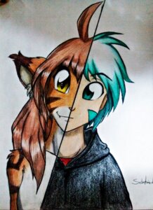 Rating: Safe Score: 0 Tags: ahoge anthro blue_eyes blue_hair brown_hair brown_nose clothed clothing countershading duo e621 fangs felid female ferarceg flora_(twokinds) fur hair human jacket keidran long_hair looking_at_viewer male mammal orange_body orange_fur pantherine robe shirt short_hair simple_background sketch smile standing stripes teeth tiger topless topwear trace_legacy twokinds white_background white_body white_fur yellow_eyes User: bunchy7s