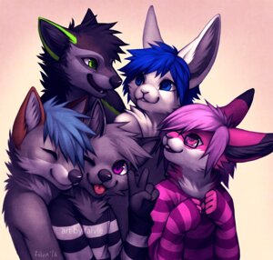 Rating: Safe Score: 0 Tags: 2012 ambiguous_gender anthro blue_eyes blue_hair canid canine canis clothing digital_media_(artwork) digital_painting_(artwork) e621 eye_contact eyes_closed eyewear falvie fur glasses green_eyes grey_body grey_fur group hair hug lagomorph leporid looking_at_another mammal painting_(artwork) pink_body pink_fur pink_hair purple_eyes rabbit shirt sozan topwear wolf User: bunchy7s