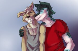 Rating: Safe Score: 0 Tags: 5_fingers anthro asher_tail black_nose blush canid canine canis clothed clothing coyote duo e621 eyebrows fingers fur green_body green_fur green_hair green_inner_ear_fluff grey_eyebrows hair inner_ear_fluff kiss_on_cheek kissing male mammal multicolored_body multicolored_fur red_clothing red_shirt red_topwear shirt smile standing tan_body tan_fur teeth topwear tuft white_hair white_inner_ear_fluff wylie_james_evans User: bunchy7s