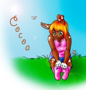Rating: Safe Score: 0 Tags: 2009 clothing cocoa_(foxielove) e621 female footwear foxielove grass hair lagomorph legwear leporid low_res mammal plant rabbit shirt socks solo spots tank_top topwear User: bunchy7s