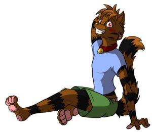 Rating: Safe Score: 0 Tags: 4_toes anthro barefoot bell bell_collar biped black_body black_fur blush bottomwear brown_body brown_fur brown_hair cel_shading clothed clothing collar concession domestic_cat e621 feet felid feline felis fur hair hand_behind_head looking_aside looking_at_viewer male mammal matthew_gein nx-42 paws raised_tail red_eyes shaded shirt short_hair shorts side_view simple_background sitting smile solo stripes tail toes topwear whiskers white_background User: bunchy7s