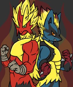 Rating: Safe Score: 0 Tags: abs anthro avian biceps bird blonde_hair blue_body blue_fur canid canine duo e621 fist fur generation_6_pokemon green_eyes hair majin-paladin male mammal mega_blaziken mega_evolution mega_lucario muscular nintendo orange_eyes pokemon pokemon_(species) raised_arm raised_fist raised_hand simple_background spiky_hair standing super_saiyan User: bunchy7s