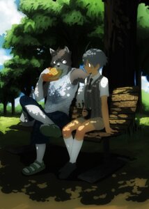 Rating: Safe Score: 0 Tags: anthro bench blush canid canine canis clothed clothing detailed detailed_background duo e621 eating eye_contact food grass human humanoid_pointy_ears kurokawasudou looking_at_another male mammal nature on_bench outside park plant pointy_ears sitting summer toony tree wolf wood User: bunchy7s