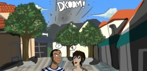 Rating: Safe Score: 0 Tags: 2013 building cloud comic duo e621 exclamation_point female hair house human justinfox male mammal not_furry outside plant question_mark sky sound_effects text tree User: bunchy7s