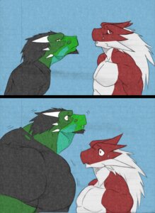 Rating: Safe Score: 0 Tags: 2012 abs akira_(ryuakira) anthro arekusanderu biceps big_muscles black_clothing black_hair black_shirt black_topwear bodily_fluids body_size_growth clothing color_edit colored comic dragon duo e621 green_body growth hair hi_res horn huge_muscles larger_anthro larger_male male muscle_growth muscular muscular_anthro muscular_male mythological_creature mythological_scalie mythology notveryathletic potion red_body red_eyes red_scales reptile ryuakira scales scalie shirt size_difference size_transformation smaller_anthro smaller_male sweat sweatdrop third-party_edit topwear transformation white_body white_hair yellow_eyes User: bunchy7s