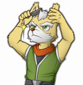 Rating: Safe Score: 0 Tags: 5_fingers anthro brown_nose brush brushing brushing_hair canid canine clothing comb_(brush) e621 fingers fox fox_mccloud front_view fur gabo green_eyes hair hairbrush half-length_portrait holding_brush holding_comb holding_hairbrush holding_object low_res male mammal mohawk nintendo personal_grooming portrait short_hair simple_background solo star_fox styling_hair topwear vest white_background white_body white_fur User: bunchy7s