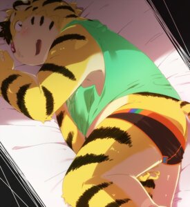 Rating: Questionable Score: 0 Tags: anthro bed biped blush butt butt_cleavage clothed clothing e621 eyebrows felid furniture hair hi_res hinami kemono lying male mammal midriff open_mouth pantherine pink_nose rainbow shirt slightly_chubby solo stripes tank_top teeth tiger topwear underwear User: bunchy7s
