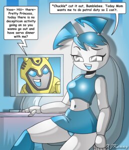 Rating: Questionable Score: 0 Tags: autobot black_eyes blue_eyes blue_hair bottomwear bumblebee_(transformers) clothing dialogue duo e621 english_text female hair happy hasbro humanoid jenny_wakeman male midriff my_life_as_a_teenage_robot navel nickelodeon not_furry panties pigtails sitting skirt takara_tomy text transformers underwear unusual_navel video_call white_body xjkenny yellow_body User: bunchy7s