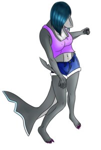 Rating: Questionable Score: 0 Tags: anthro aquatic blue_hair breasts e621 female fish grey_body grey_skin hair hi_res non-mammal_breasts shark simple_background solo tail theztan white_background User: bunchy7s