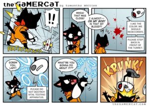 Rating: Safe Score: 0 Tags: ambiguous_gender angry anthro blood bodily_fluids bold_text bridging clothing comic conjoined_speech_bubble dialogue dialogue_outside_panel domestic_cat e621 emanata english_text exclamation_point felid feline felis flash_emanata gamercat_(character) horizontal_staggering interjection jumpsuit linked_speech_bubble mammal omg overlay_layer polygonal_speech_bubble samantha_whitten shared_dialogue shared_speech_bubble six_frame_image six_frame_staggered_grid sound_effects speech_bubble staggering_(layout) text text_emphasis the_gamercat User: bunchy7s