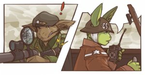 Rating: Safe Score: 0 Tags: 5_fingers advance_wars anthro armor artdecade clothed clothing compfive driving duo e621 electronics fingers fur green_body green_fur greenendorf greening gun hat headgear headwear helmet holding_gun holding_object holding_ranged_weapon holding_weapon kangaroo lagomorph leporid lightning_bolt long_ears macropod male mammal marsupial military mouth_hold pattern_background rabbit ranged_weapon rifle simple_background speech_bubble tan_body tan_fur uniform vehicle walkie-talkie weapon User: bunchy7s