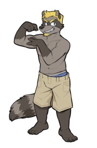 Rating: Safe Score: 0 Tags: anthro barefoot beard biped black_nose blonde_hair carper_(vasuki) clothed clothing e621 facial_hair feet fur grey_body grey_fur hair male mammal nipples procyonid raccoon solo topless vasuki User: bunchy7s