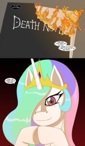 Rating: Safe Score: 0 Tags: 2012 comic crossover crown death_note e621 english_text equid equine female feral fire friendship_is_magic hair hasbro headgear hi_res horn looking_at_viewer mammal multicolored_hair my_little_pony mythological_creature mythological_equine mythology princess princess_celestia_(mlp) reflection royalty simple_background smile solo text tiberius_(artist) unicorn User: bunchy7s