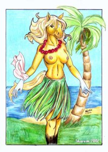 Rating: Questionable Score: 0 Tags: 2002 5_fingers anthro black_body black_fur blonde_hair breasts brown_eyes casual_exposure clothed clothing day detailed_background e621 equid equine female fingers flower front_view fur gesture gloves_(marking) grass grass_skirt hair hand_gesture horse humanoid_hands jewelry leg_markings looking_at_viewer mammal markings necklace nipples outside plant pointing sand sharem sky smile socks_(marking) solo tail topless tree water white_body white_fur yellow_body yellow_fur User: bunchy7s