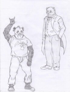 Rating: Safe Score: 0 Tags: 5_fingers accessory anthro bear bottomwear clothed clothing coat devil_horns_(gesture) duo e621 ear_piercing eyewear fingers fist footwear fully_clothed fur gauged_ear gesture giant_panda glasses greyscale hand_gesture hand_in_pocket hi_res joker_suit leonirikuz male mammal metal monochrome muscular muscular_male necktie pants piercing pince-nez pockets raised_arm shirt shoes simple_background slightly_chubby standing t-shirt topwear vest white_background User: bunchy7s