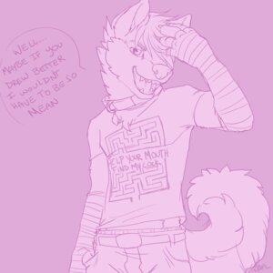 Rating: Safe Score: 0 Tags: 1:1 anthro arm_warmers armwear belt bottomwear canid canine canis clothing collar collar_tag denim denim_bottomwear denim_clothing dialogue digital_drawing_(artwork) digital_media_(artwork) domestic_dog e621 english_text fluffy fluffy_tail front_view hair hair_over_eye half-length_portrait hi_res husky insult jeans looking_at_viewer male mammal maze mean nordic_sled_dog one_eye_obstructed open_mouth pants pink_theme portrait raised_arm sassy shirt shirt_logo sion_allona solo spitz tail text topwear touching_hair voondahbayosh User: bunchy7s