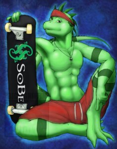 Rating: Safe Score: 0 Tags: 2008 abs anthro athletic barefoot biped bottomwear clothed clothing e621 feet front_view green_body green_skin guana iguana iguanid jewelry kerchief lizard looking_at_viewer male muscular muscular_anthro necklace pecs reptile rick_griffin scalie shorts sitting skateboard sobe solo stripes sub-tympanic_shield topless vehicle User: bunchy7s