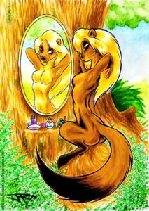 Rating: Questionable Score: 0 Tags: black_body black_fur blonde_hair breasts brown_body brown_fur e621 female fur gulonine hair joe_rosales looking_at_mirror looking_at_object makeup mammal marten mirror mustelid musteline nude outside perfume perfume_atomizer pine_marten plant reflection sitting solo tree User: bunchy7s