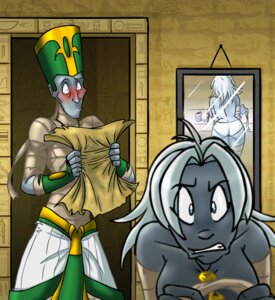 Rating: Explicit Score: 0 Tags: blush breasts clothing female indoors male mirror mummies_alive nefer-tina rule34 standing tagme toony topless User: bunchy7s