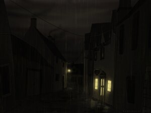 Rating: Safe Score: 0 Tags: 4:3 building chimney cloud dark_theme door e621 house leatificat night not_furry outside raining scenery street window zero_pictured User: bunchy7s