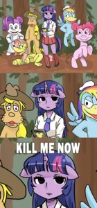 Rating: Safe Score: 0 Tags: 2012 anthro anthrofied applejack_(mlp) blonde_hair blue_body blue_feathers blue_fur bottomwear close-up clothed clothing cowboy_hat crossover disney e621 earth_pony english_text equid equine feathered_wings feathers female fluttershy_(mlp) footwear friendship_is_magic fur group hair hasbro hat headgear headwear hi_res horn horse legwear looking_at_viewer mammal multicolored_hair my_little_pony mythological_creature mythological_equine mythology open_mouth outside parody pegasus pink_hair pinkie_pie_(mlp) plant pony purple_body purple_fur purple_hair rainbow_dash_(mlp) rainbow_hair rarity_(mlp) shepherd0821 shirt skirt socks tail text topwear tree twilight_sparkle_(mlp) two_tone_hair unicorn wings User: bunchy7s